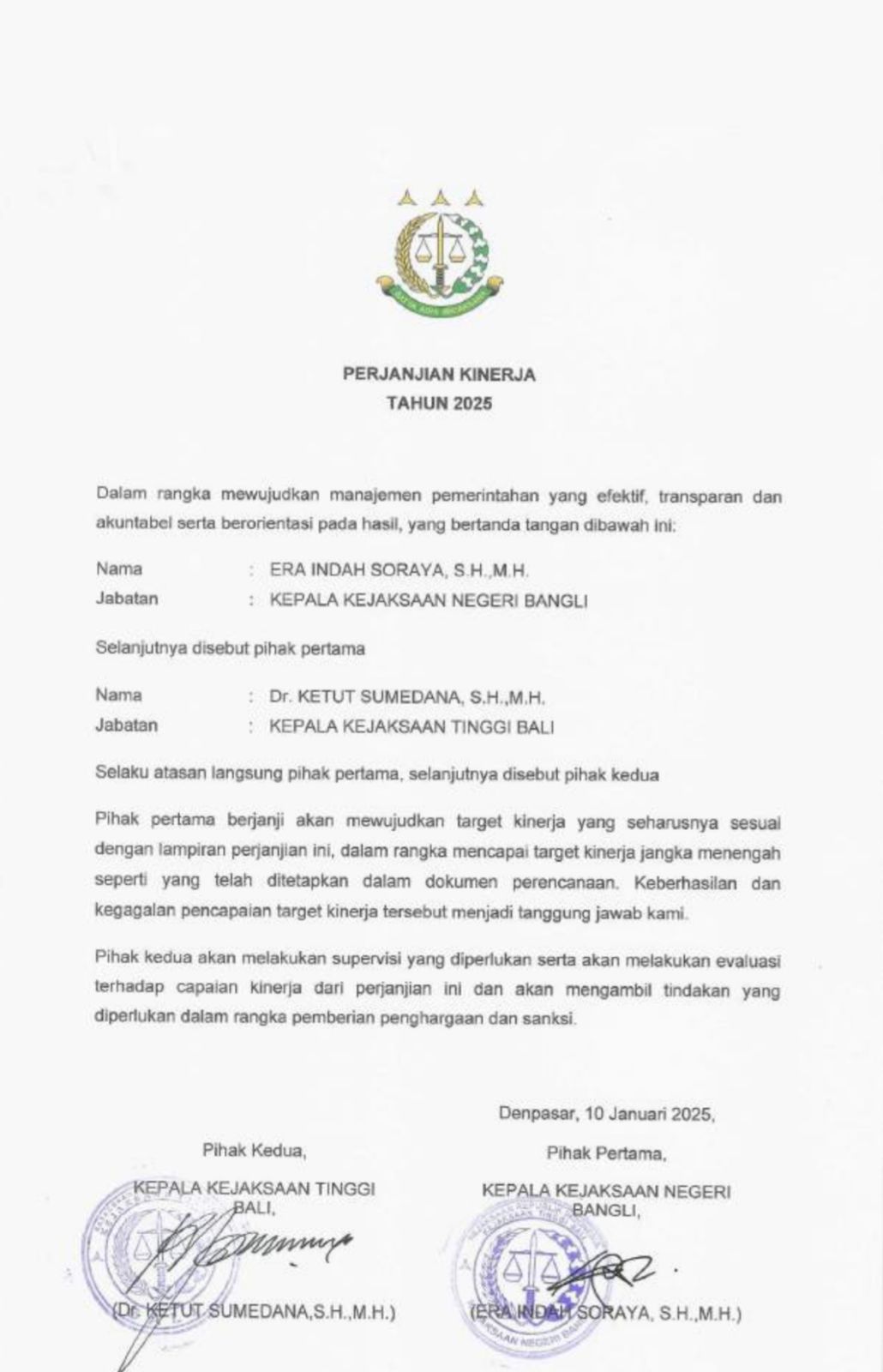 Perjanjian Kinerja Kejaksaan Negeri Bangli